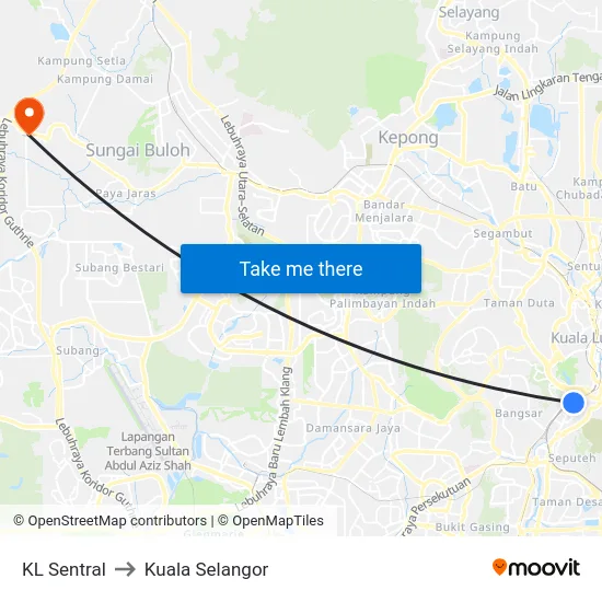 KL Sentral to Kuala Selangor map