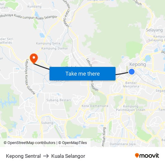 Kepong Sentral to Kuala Selangor map