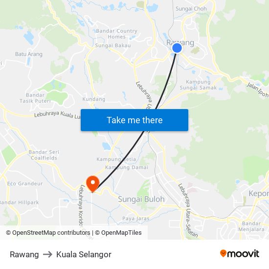Rawang to Kuala Selangor map
