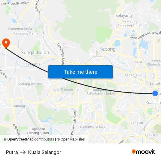 Putra to Kuala Selangor map