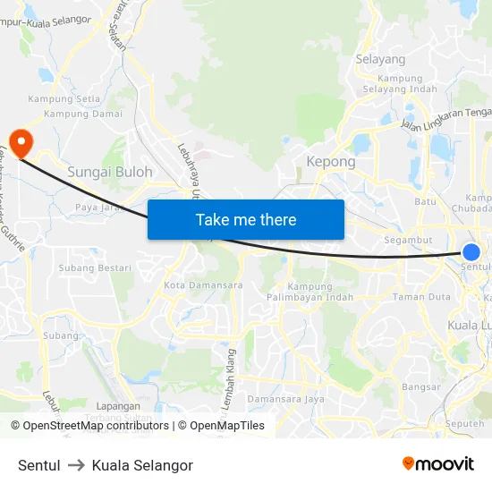 Sentul to Kuala Selangor map