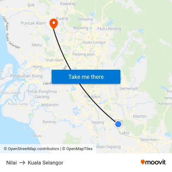 Nilai to Kuala Selangor map