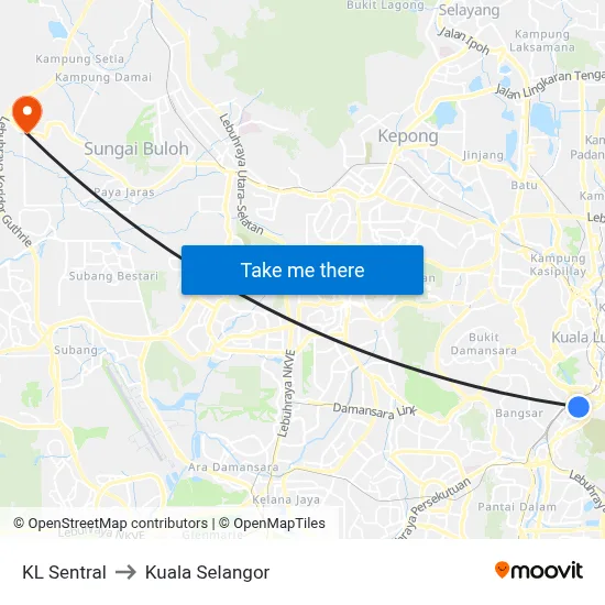 KL Sentral to Kuala Selangor map