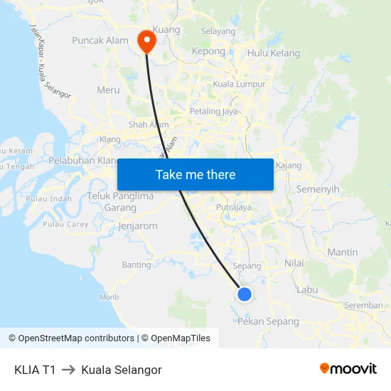 KLIA T1 to Kuala Selangor map