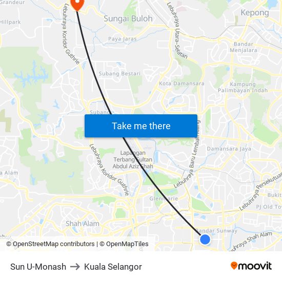 Sun U-Monash to Kuala Selangor map