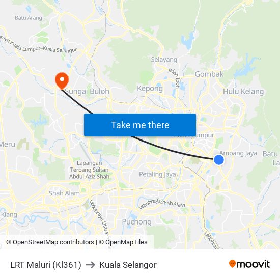 LRT Maluri (Kl361) to Kuala Selangor map