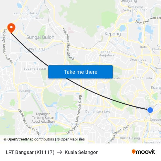 LRT Bangsar (Kl1117) to Kuala Selangor map