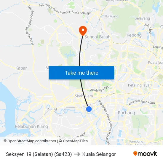 Seksyen 19 (Selatan) (Sa423) to Kuala Selangor map