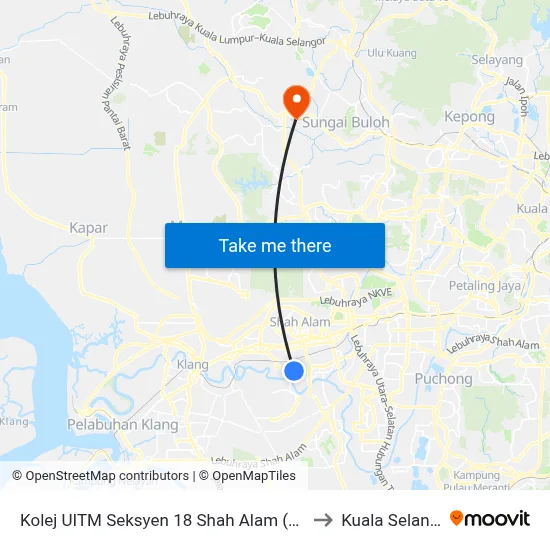 Kolej UITM Seksyen 18 Shah Alam (Sa546) to Kuala Selangor map