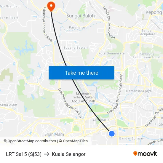 LRT Ss15 (Sj53) to Kuala Selangor map