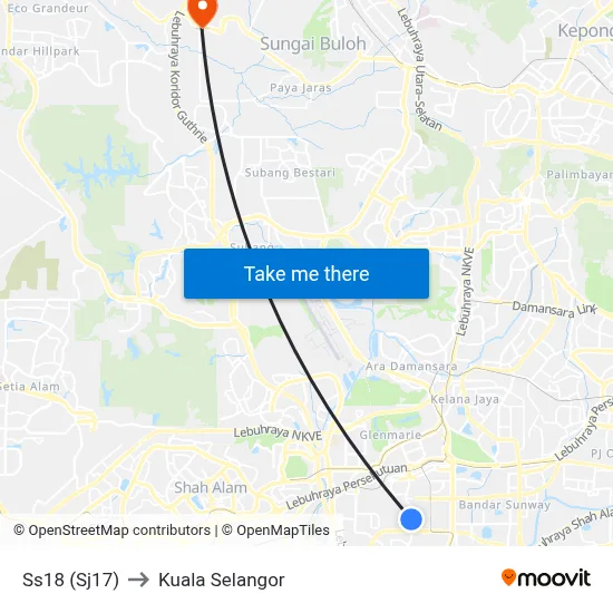Ss18 (Sj17) to Kuala Selangor map
