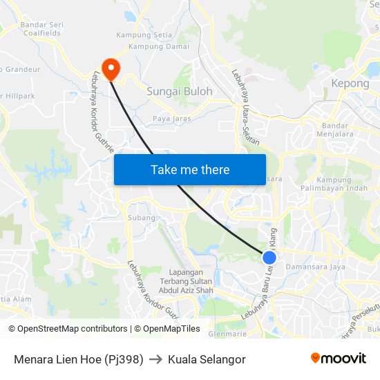 Menara Lien Hoe (Pj398) to Kuala Selangor map