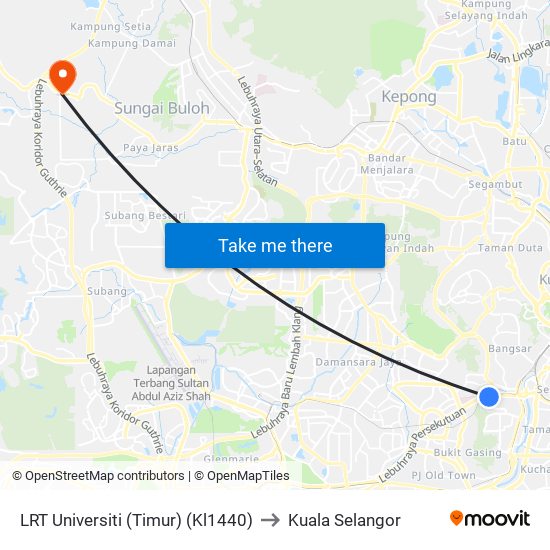 LRT Universiti (Timur) (Kl1440) to Kuala Selangor map