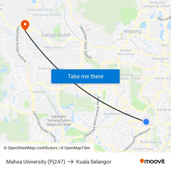 Mahsa University (Pj247) to Kuala Selangor map