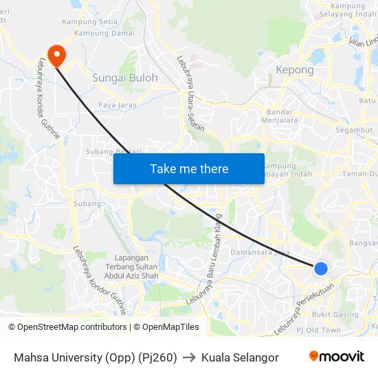 Mahsa University (Opp) (Pj260) to Kuala Selangor map