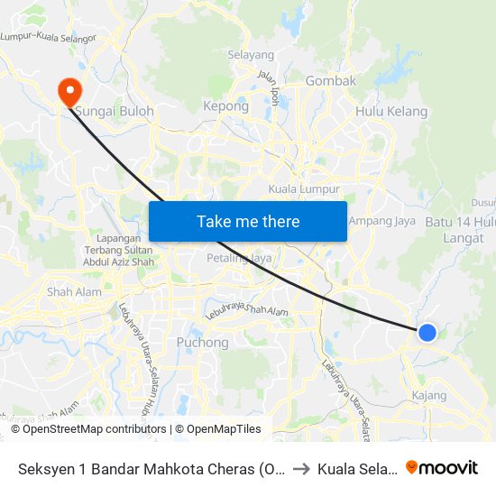 Seksyen 1 Bandar Mahkota Cheras (Opp) (Kj289) to Kuala Selangor map