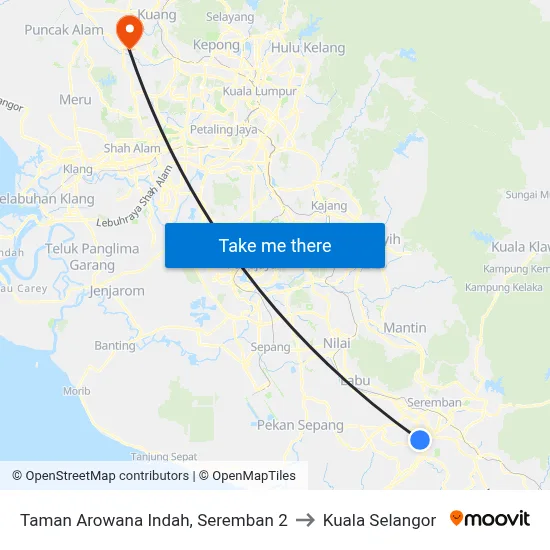 Taman Arowana Indah, Seremban 2 to Kuala Selangor map