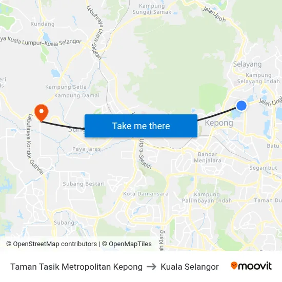 Taman Tasik Metropolitan Kepong to Kuala Selangor map