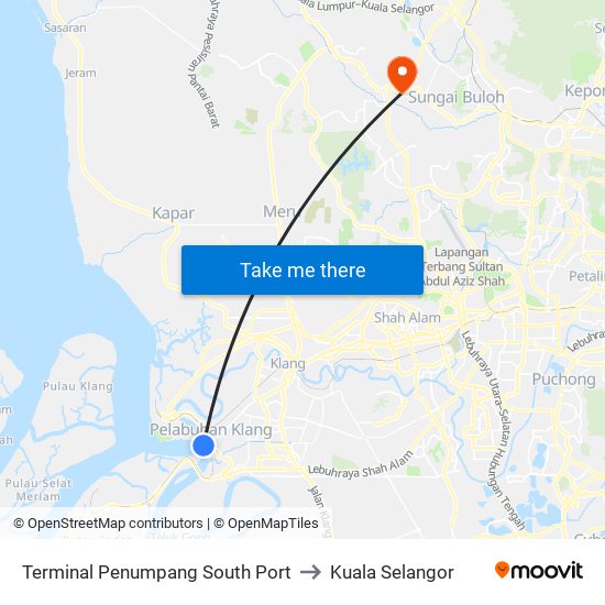 Terminal Penumpang South Port to Kuala Selangor map