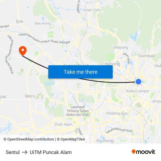 Sentul to UiTM Puncak Alam map