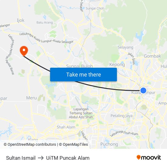 Sultan Ismail to UiTM Puncak Alam map
