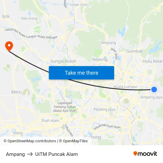 Ampang to UiTM Puncak Alam map