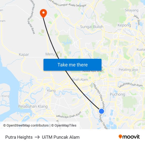 Putra Heights to UiTM Puncak Alam map