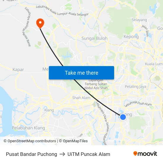 Pusat Bandar Puchong to UiTM Puncak Alam map