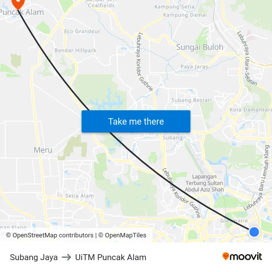 Subang Jaya to UiTM Puncak Alam map