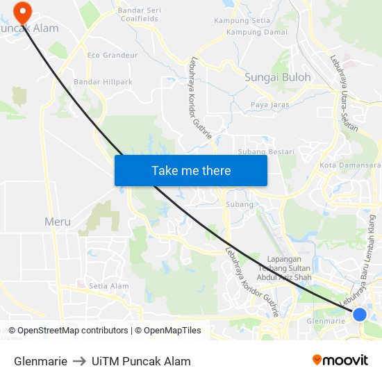 Glenmarie to UiTM Puncak Alam map