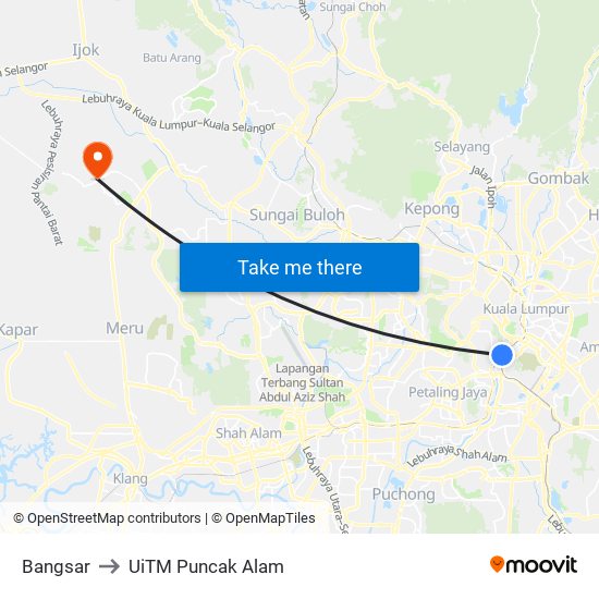 Bangsar to UiTM Puncak Alam map