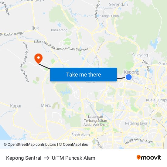 Kepong Sentral to UiTM Puncak Alam map