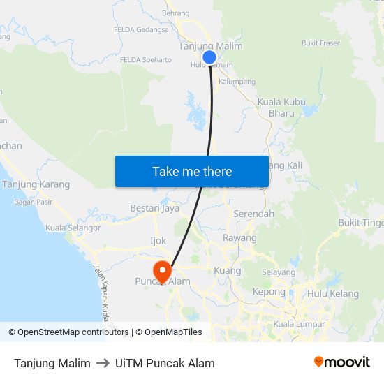 Tanjung Malim to UiTM Puncak Alam map