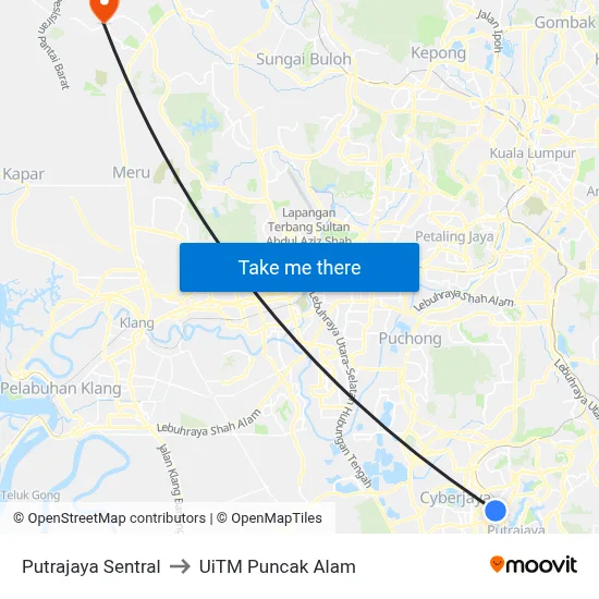 Putrajaya Sentral to UiTM Puncak Alam map