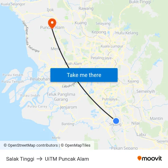 Salak Tinggi to UiTM Puncak Alam map