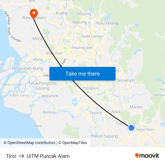 Tiroi to UiTM Puncak Alam map