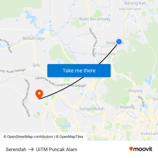 Serendah to UiTM Puncak Alam map