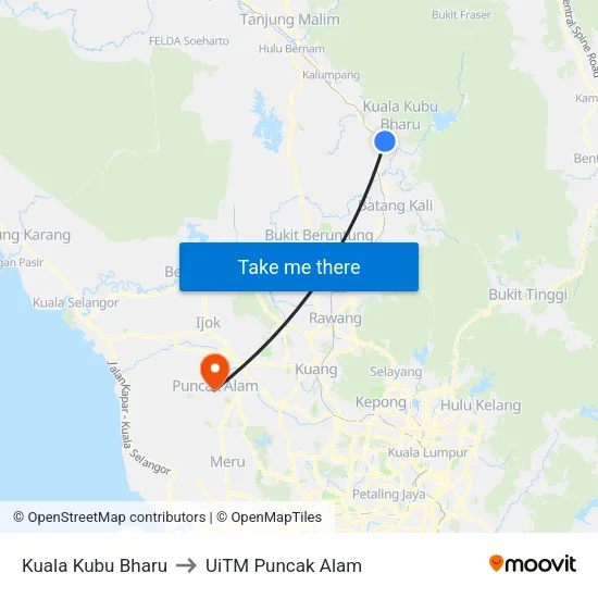 Kuala Kubu Bharu to UiTM Puncak Alam map
