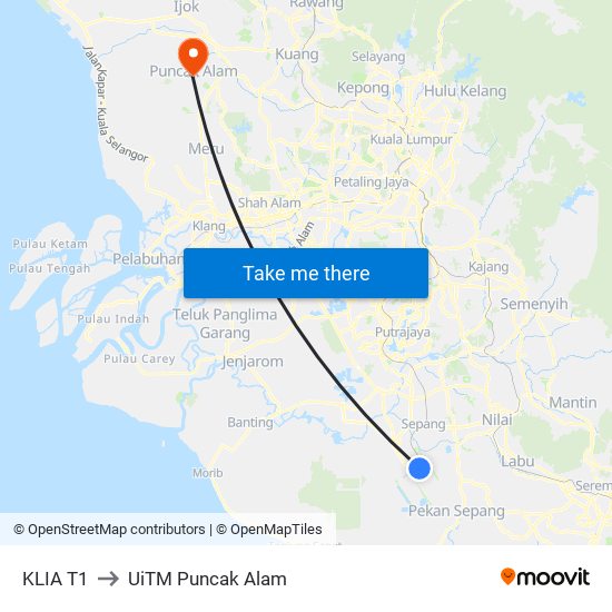 KLIA T1 to UiTM Puncak Alam map
