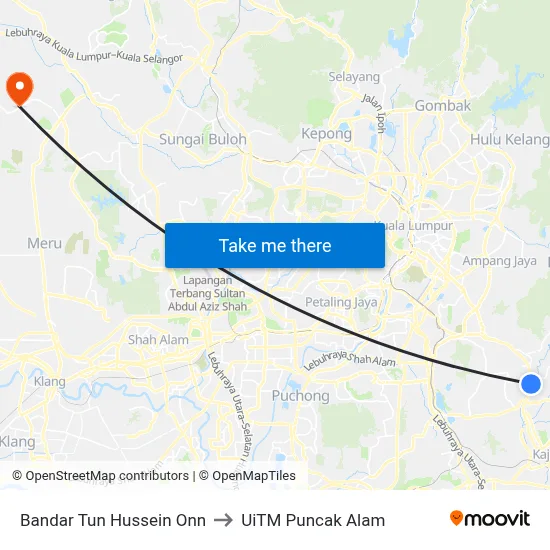 Bandar Tun Hussein Onn to UiTM Puncak Alam map