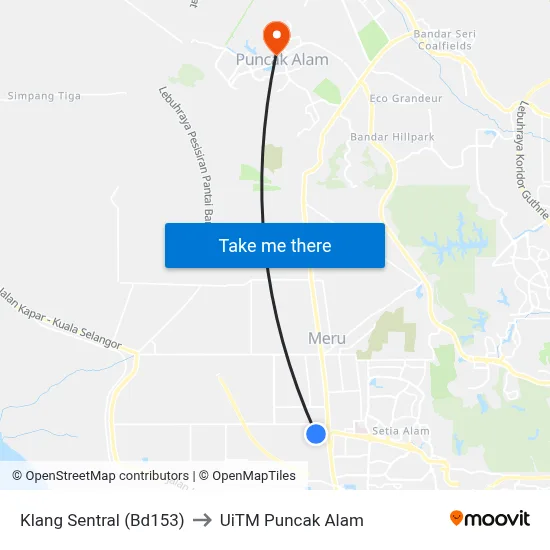 Klang Sentral (Bd153) to UiTM Puncak Alam map