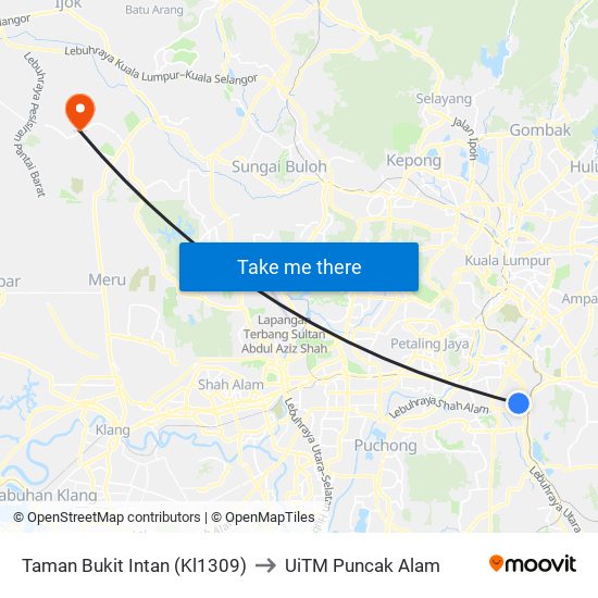 Taman Bukit Intan (Kl1309) to UiTM Puncak Alam map