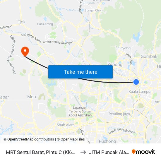 MRT Sentul Barat, Pintu C (Kl607) to UiTM Puncak Alam map