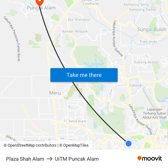 Plaza Shah Alam to UiTM Puncak Alam map