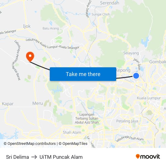 Sri Delima to UiTM Puncak Alam map