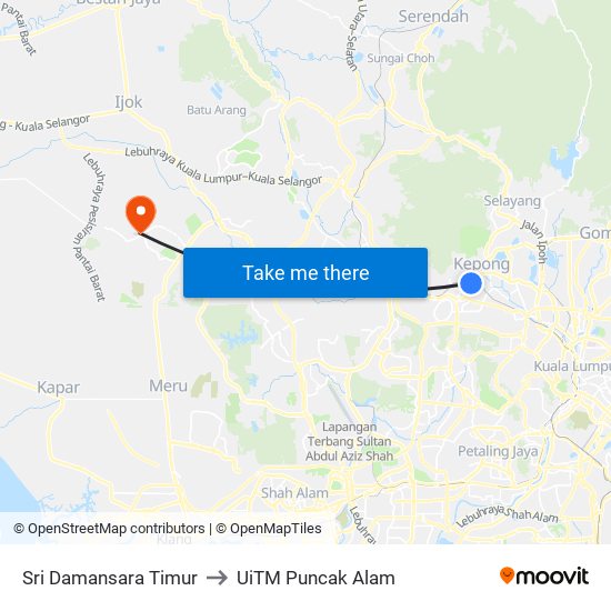 Sri Damansara Timur to UiTM Puncak Alam map