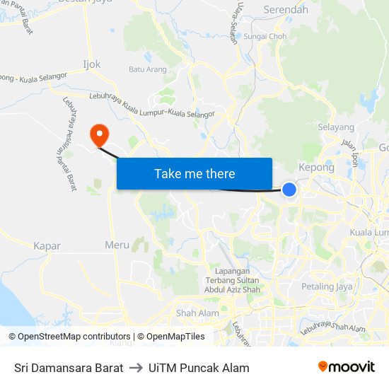 Sri Damansara Barat to UiTM Puncak Alam map