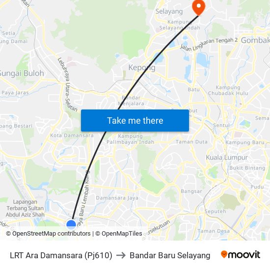 LRT Ara Damansara (Pj610) to Bandar Baru Selayang map