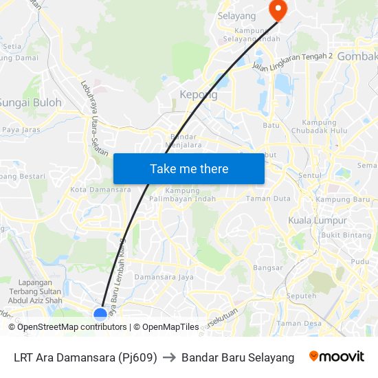 LRT Ara Damansara (Pj609) to Bandar Baru Selayang map