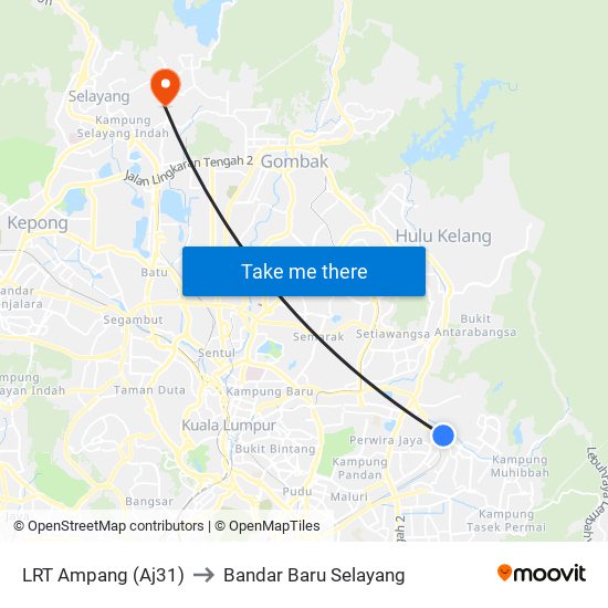 LRT Ampang (Aj31) to Bandar Baru Selayang map
